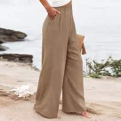 Calça larga de linho de algodão feminina, comprimento total, casual, monocromática, solta, cintura alta, reto, botão, verão na internet
