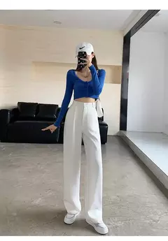 Imagem do Calça feminina de cintura alta até o chão, branca, solta, perna larga, feminina de escritório, reta, roupas longas, senhoras, outono, inverno