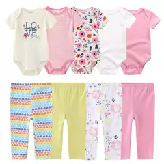 Imagem do Conjuntos de roupas de algodão unissex para bebê recém-nascido, bodysuits e calças, desenhos animados, manga curta, bebê menino e menina, 6 unid, 9 unid, 10 unid