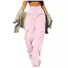 Calça feminina básica de fivela, calça de paraquedas, perna reta sólida, bolsos grandes, moletom Y2K folheado com tudo o que combina, roupa de rua chique na internet