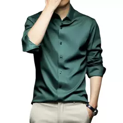 Imagem do Camisa de seda gelo manga longa masculina, slim fit, suave, anti-rugas, sem engomar, cor sólida, camisas de luxo, 6XL