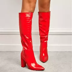 Imagem do Botas de couro com pontas aneikeh para mulheres, botas até o joelho com saltos grossos, padrão crocodilo, zíper lateral, primavera e outono, 2021