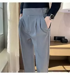 Estilo britânico dos homens de cintura alta vestido casual calça masculina cinto design calças finas formal escritório social vestido de festa de casamento terno calças - loja online