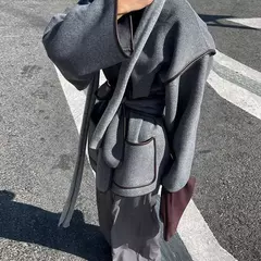 Casaco vintage feminino com cinto, cardigã solto casual, jaqueta à prova de vento, casacos monocromáticos, cinza, decote em v, nova moda