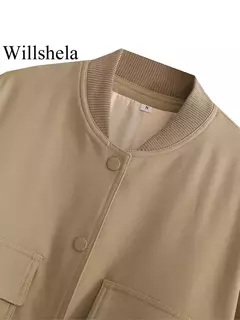 Willshela-Jaquetas bomber monocromáticas femininas, casaco com bolsos, decote em v, peito único, mangas compridas, roupas chiques para senhora, moda feminina - Wolf Magazine