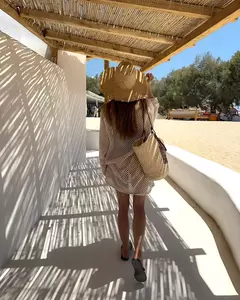 Mini vestido de malha praia de cor sólida feminino, sexy oco fora, maiô de manga comprida para cobrir, feriado Boho, moda praia solta, verão, K17 - loja online
