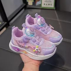 Imagem do Desenhos animados infantis Anime Kuromi calçados esportivos, malha, fofo, moinho de vento, casual, botão rotativo, tênis, meninas, crianças, moda