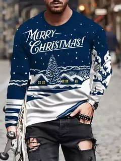 Feliz Natal camiseta de manga longa masculina, estampa 3D, padrão engraçado de Papai Noel, tamanho grande, tops, roupas na internet