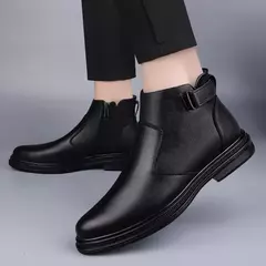 Botas de couro genuíno masculinas, botas de neve básicas masculinas, pele de pelúcia quente, calçado de plataforma antiderrapante, vestido formal, inverno