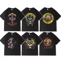 Camiseta estampada com armas de rock e rosas masculina, algodão puro, gola redonda, manga curta, parte superior
