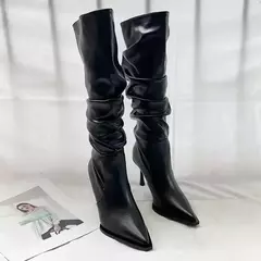 Botas femininas plissadas pontiagudas de cano alto, botas de salto fino na moda, botas longas abaixo do joelho, outono, 2024 - loja online