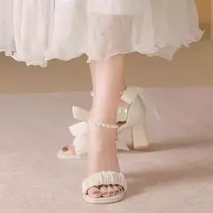 Sandálias pérolas confortáveis femininas, bege feminino, salto alto com bloco de altura, laço preto, sapatos volumosos de conforto, moda, 2024 - loja online