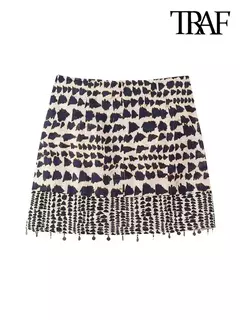 TRAF-Mini saia feminina com estampa frisada, cintura alta, zíper traseiro, moda vintage, saias femininas na internet