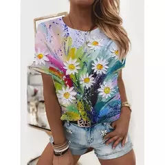 Camiseta explosiva estampada em girassol 3D para mulheres, gola redonda, fosca, flor, moda, novo produto, 2024