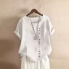 Top feminino de algodão e linho verão casual solto botão manga curta cor sólida pulôver blusa femme blusas - comprar online
