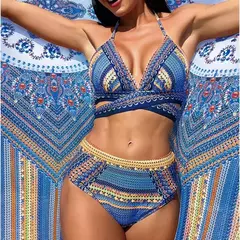 Conjunto de maiô biquíni vintage de três peças, malha Cover Ups, Cross Front Halter, azul, verde, vermelho, cintura alta Beachwear - loja online