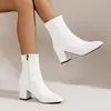 Botas brancas para mulheres, zíper lateral, salto médio, bota curta de tamanho grande, sapatos pontiagudos, estiramento, moda, 2024