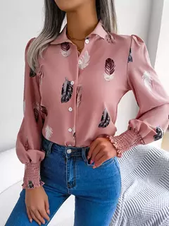 Mulheres Casual Pena Imprimir Collar Manga Longa Camisa Branco Rosa Azul - comprar online