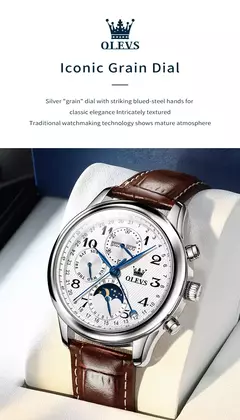 OLEVS-Relógio de pulso mecânico automático masculino, Moon Phase, Calendário, Impermeável, Aço inoxidável, Pulseira de couro, Original - loja online