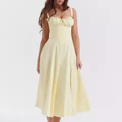 Imagem do Vestido de verão estampado floral, Laço frontal feminino, Gola quadrada, Vestido de coxa dividido, Cinta de praia, Vestido de noite, Novo
