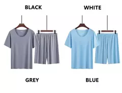 Verão pijamas masculinos terno fino gelo casa roupas traceless manga curta shorts em torno do pescoço casual roupas de verão - loja online