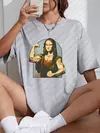 Camiseta de algodão de manga curta feminina, estampa fitness, extragrande, casual, solta, jogando jogadores na Mona Lisa