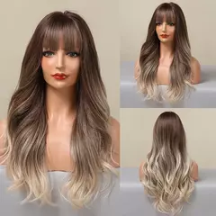 Imagem do Louis ferre longo ombre loira perucas sintéticas com franja para mulheres onda natural penteado fibra resistente ao calor cosplay perucas marrons