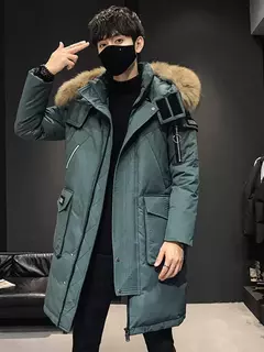 Casaco de pato branco com capuz masculino, jaqueta grossa quente, lã e mistura, alonga parka, casaco de inverno masculino de alta qualidade, novo