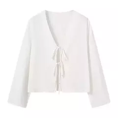 TRAF-Top feminino de manga comprida, camisas casuais, blusas amarradas femininas, blusas de praia de verão, branca, 2024 - loja online