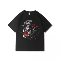 Imagem do Camiseta estampada com armas de rock e rosas masculina, algodão puro, gola redonda, manga curta, parte superior
