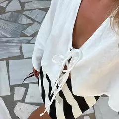 Imagem do Camisas casuais de linho com renda para mulheres, oco, gola V, blusas de manga comprida, tops para senhora, streetwear, novo, primavera, 2022