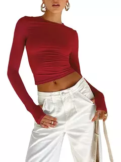 Top feminino de gola redonda manga longa com furos no polegar, camiseta monocromática, slim fit, streetwear diário, moda verão - Wolf Magazine