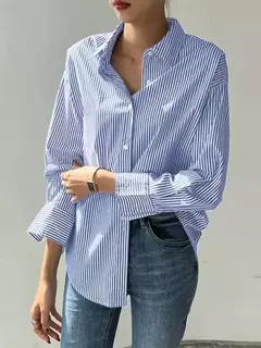 Blusa virada para baixo de manga comprida feminina, tops casuais, listras azuis, moda feminina, primavera, verão - Wolf Magazine