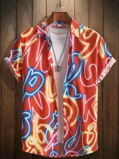 Camisa masculina de lapela estampa estilo néon, camisa casual de manga curta com botão, roupas masculinas, streetwear havaiano, verão na internet