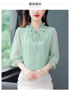 Chiffon blusa com gola pétala para as mulheres, blusa solta e casual, meia manga, gravata borboleta, nova moda, primavera verão, tamanho m a 4xl, 2024 - Wolf Magazine