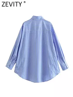 Zevity-Camisa Feminina Solta com Estampa Listrada Branca e Azul, Bolso Duplo, Blusa de Blusa Patch, Tops Chiques, Senhora do Escritório, Moda, LS3468 na internet