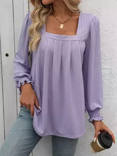 Camiseta feminina casual de manga comprida com gola quadrada, mangas folhada, design plissado, tops de pulôver, camisetas na moda na internet