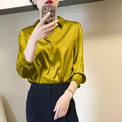 Camisas e blusas femininas com acabamento acetinado, blusa casual, manga comprida, botão, camisas elegantes, roupa francesa, monocromáticas, todos os fósforos, OL - loja online