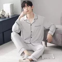 Conjunto de pijama de algodão modal manga comprida masculino, pijamas finos, adolescentes, outwear primavera, pano doméstico, terno masculino, outono, primavera - loja online