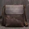Saco crossbody escuro de couro genuíno vintage, saco masculino, bolsa de ombro de couro, saco do telefone, saco do iPad, 7.9 ", moda