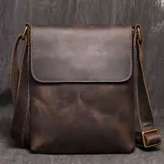 Saco crossbody escuro de couro genuíno vintage, saco masculino, bolsa de ombro de couro, saco do telefone, saco do iPad, 7.9 ", moda