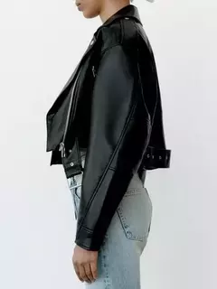 Ailegogo-Jaqueta curta feminina de couro PU falso com cinto, casaco de motociclista, lapela com zíper feminino, outwear solto, primavera, outono - loja online