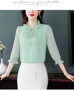 Chiffon blusa com gola pétala para as mulheres, blusa solta e casual, meia manga, gravata borboleta, nova moda, primavera verão, tamanho m a 4xl, 2024 - loja online