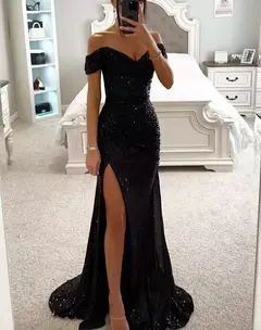 Vestido Dividido de Pescoço Uma Linha Feminino, Lantejoulas, Dividido, Versátil, Elegante, Charme, Emagrecedor, Festa, INS, Emagrecimento, S-XL Size, Novo - Wolf Magazine