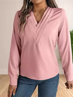 Vestido feminino de manga comprida em camadas com decote em v, tops de trabalho, roupa de escritório, blusa empresarial, 2024 na internet