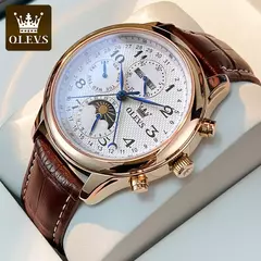 OLEVS-Relógio de pulso mecânico automático masculino, Moon Phase, Calendário, Impermeável, Aço inoxidável, Pulseira de couro, Original na internet