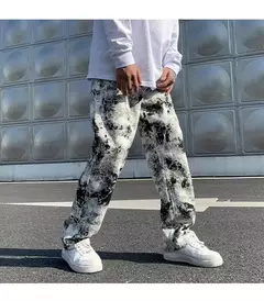 Calça jeans de perna larga larga estilo coreano masculina, calça esfregando, rua alta, hip hop, estampada, moda primavera, 2021