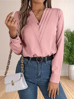 Vestido feminino de manga comprida em camadas com decote em v, tops de trabalho, roupa de escritório, blusa empresarial, 2024 - Wolf Magazine