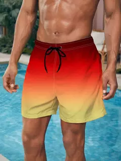 Calção de banho gradiente cor bloco cordão masculino, cintura elástica, 3D Print, streetwear curto respirável, calções de praia, verão - Wolf Magazine