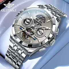 OUPINKE-Relógio mecânico totalmente automático masculino, relógio de pulso luminoso, calendário ano mês safira, marca de luxo superior